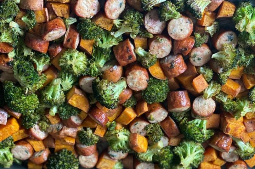 Roasted Sweet Potatoes, Sausage, and Broccoli Sheet Pan Meal